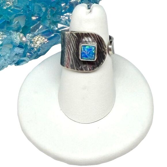 Jewelry - Blue Fire Opal Ring Adjustable 7 7.5 Solid 925 Sterling Silver Wide Band